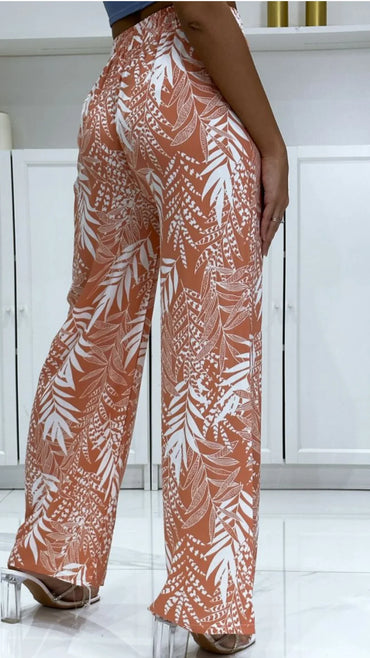 Pantalon palazzo corail à motif feuillage blanc, femme, style 974 Réunion, intérieur moderne