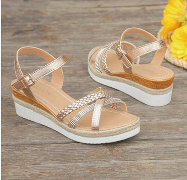 Sandales compensées dorées pour femme, plateforme tressée, 974 Réunion, été tendance