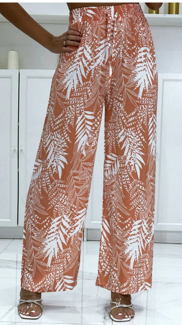 Pantalon palazzo corail femme imprimé tropical, tendance été 974 Réunion
