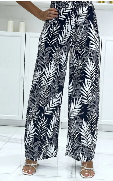 Pantalon palazzo femme imprimé tropical marine et blanc, mode 974 Réunion