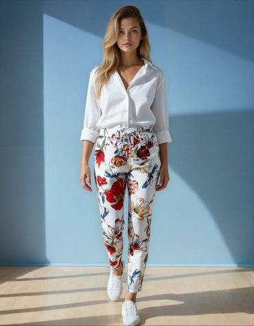 Femme portant pantalon fleuri coloré et chemise blanche, tendance 974 Réunion