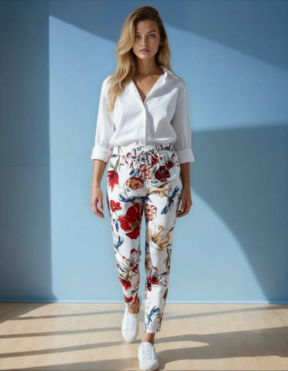 Femme portant pantalon fleuri coloré et chemise blanche, tendance 974 Réunion