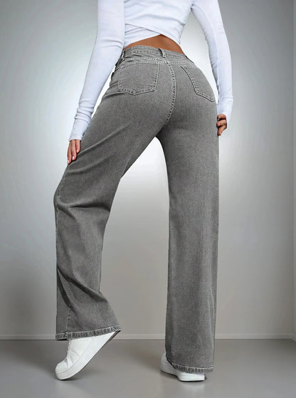 Jean gris coupe large femme, vue arrière, look tendance, 974 Réunion