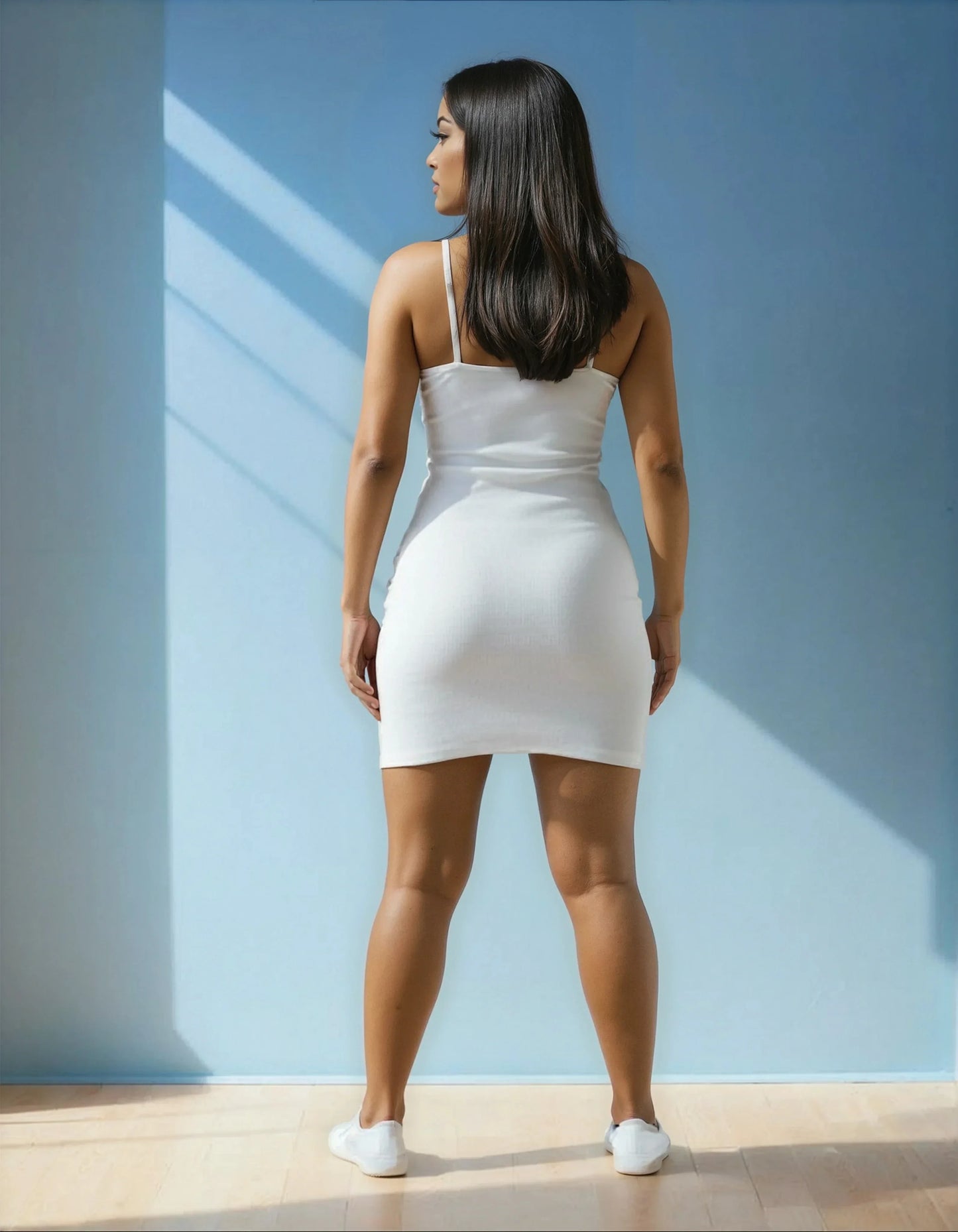 Femme en robe blanche moulante, pose de dos, lumière naturelle, style tendance 974 Réunion